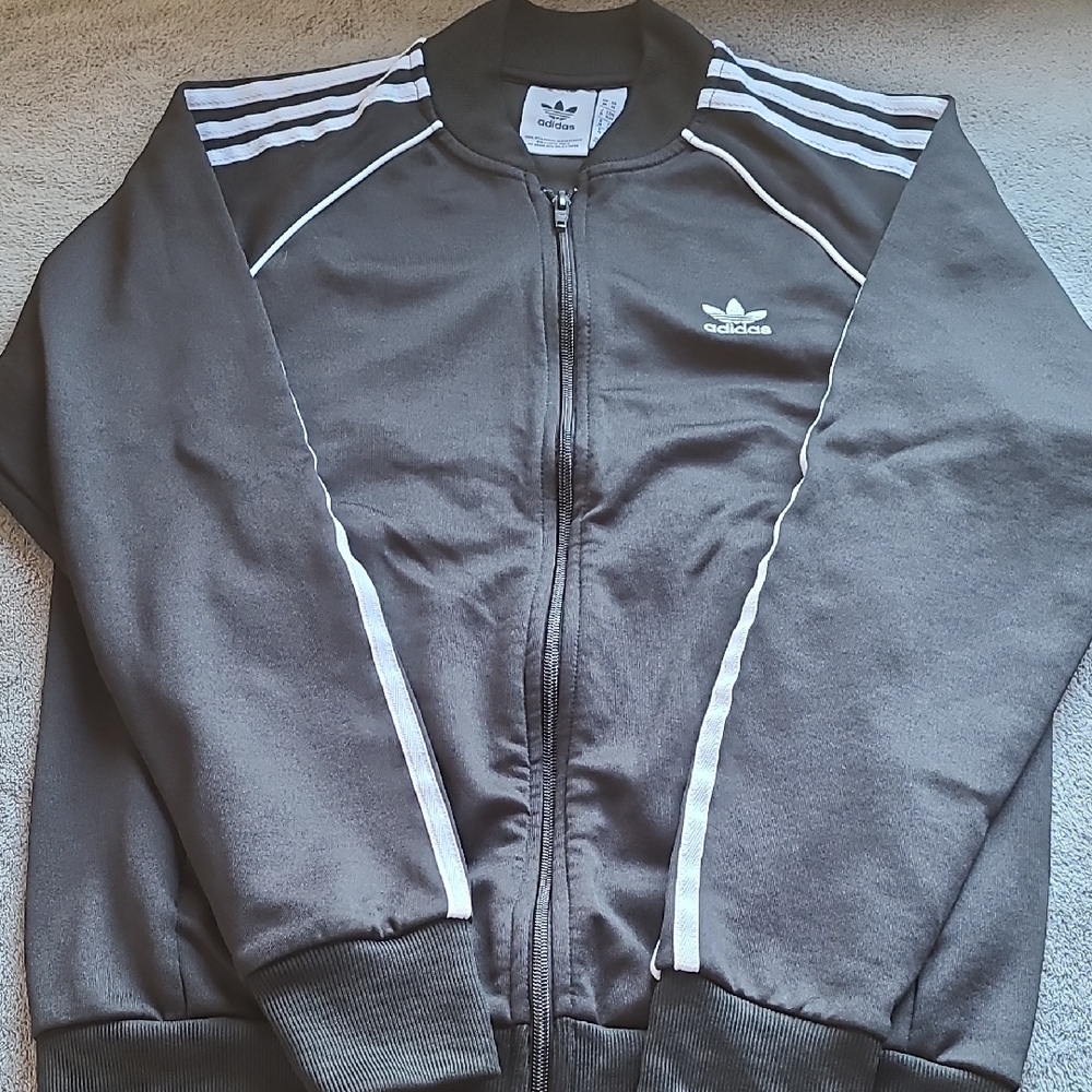 Adidas Gray and White Bomber Jacket with Classic Stripes